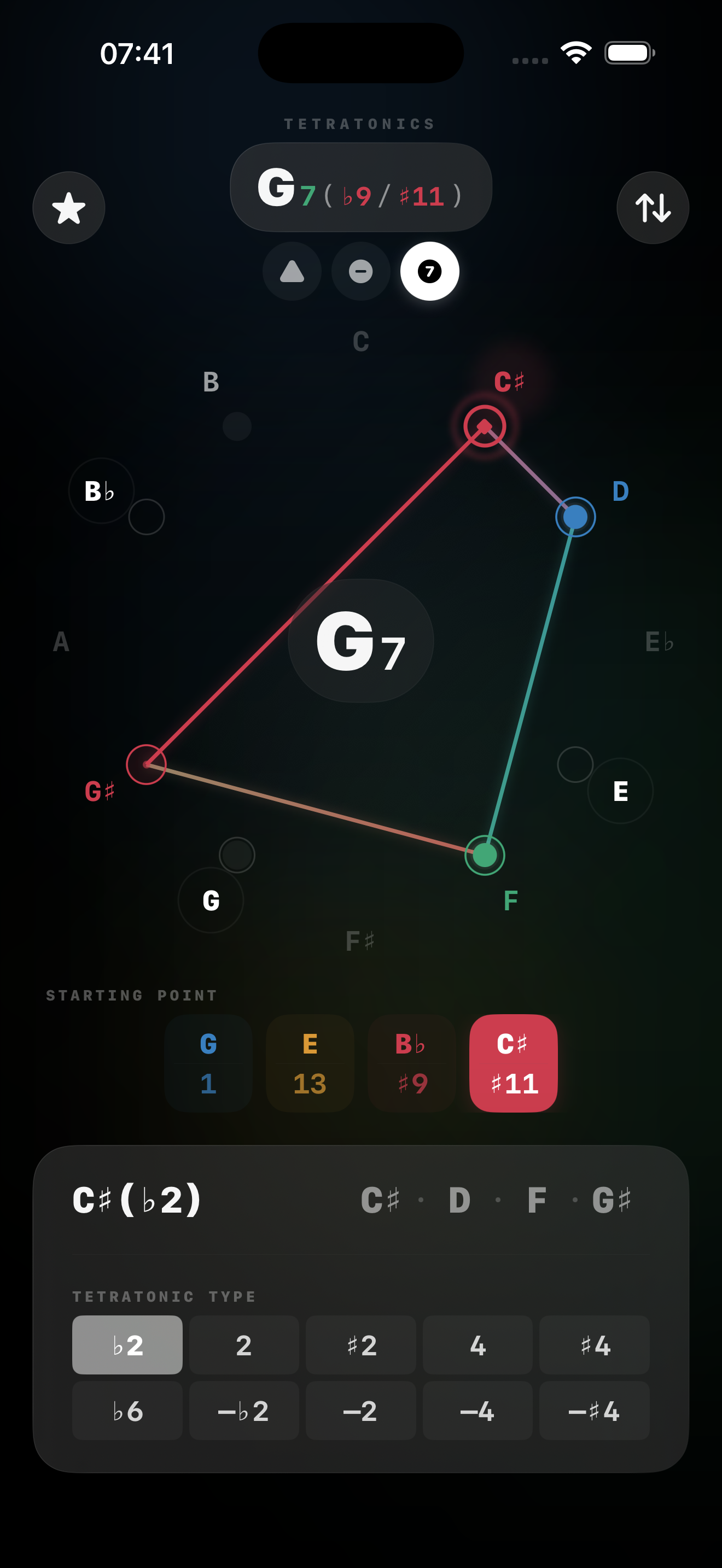 Tetratonics G7 altered dominant with C♯(♭2) tetratonic in dark mode